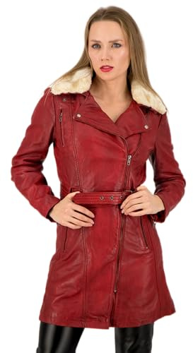 URBAN 5884 Giacca Lunga in Pelle da Donna, MILOU, Cappotto in Vera Pelle di Agnello, Giubbotto Invernale Aderente e Morbido al Tatto, Rosso, L