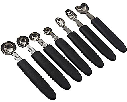 Set di 7 Palette per Scavino per Melone, Scavatrice per Scavino in Acciaio Inossidabile con Manico in Gomma Facile da Impugnare, Paletta per Gelato e Anguria, Gadget da Cucina per Tagliare la(Nero)