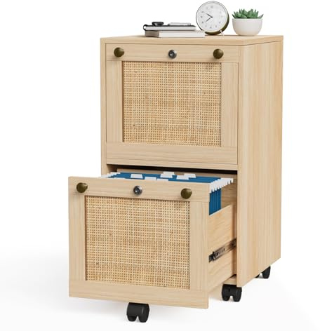 VINGLI 2 Drawer File Cabinet with Lock, Rolling File Cabinets for Home Office, Small Printer Stand, Wood Rattan Oak File Organizer, Under Desk Filing Cabinet on Wheels for Folders with Tabs