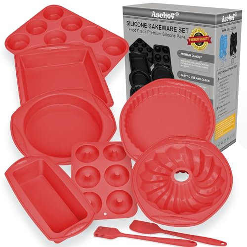 Aschef Stampo in silicone antiaderente 9 in 1 per biscotti Gugelhupf, set di teglie per forno, senza BPA, resistente al calore, set di stampi per muffin, pane, pizza, cheesecake, cupcake, torte
