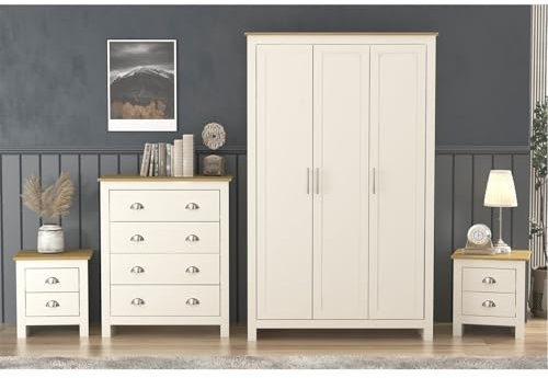 HOMELIFE Lancaster 4 Piece Bedroom Set Wardrobe Drawer Chest Bedside Table Cream