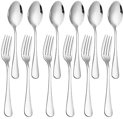 Stainless Steel Fork and Spoon Set of 12 Mirror Polishing Cutlery Set Silverware Forks & Spoons Dishwasher Safe Dining Table Accessories for Home Kitchen & Restaurant (Spoons & Forks Set of 12)