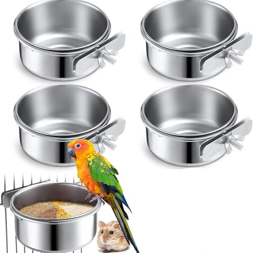 4 pièces de mangeoire pour Oiseaux à Suspendre, mangeoire pour Oiseaux en Acier Inoxydable avec Support, mangeoire pour perruches pour Oiseaux perroquets Maison d'oiseaux Eau Nourriture(10cm x 4.5cm)