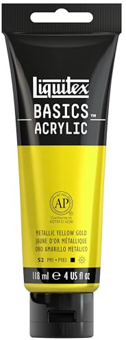 Liquitex 1046343 Basics Acrylfarbe 118ml - Metallic Gelbgold – Künstler-Acrylfarbe, hochpigmentiert, lichtecht, mittlere Viskosität, seidenglänzend, deckend – Ideal für Leinwand, Holz & Papier