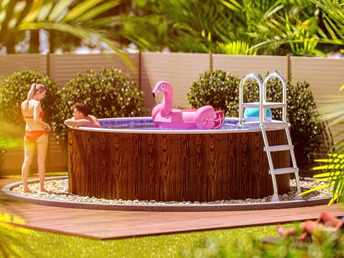 poolomio® Piscine ronde à paroi en acier - 550 x 120 cm - Aspect bois - Piscine de jardin robuste comme piscine hors sol ou piscine encastrable - Kit complet avec film intérieur 0,25 mm, skimmer et
