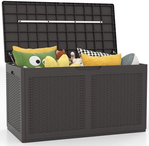 GOPLUS Baúl Almacenaje Exterior 380 L, Arcón de Resina Impermeable con Cerradura y 2 Ruedas Lisas, Superficie de Ratán de Imitación, Caja de Almacenamiento Grande Jardin, 111 x 56 x 61 cm (Marrón)