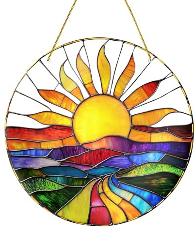 Colorful Sun Suncatcher, 20x20cm Large Sunrise Window Hanging Decoration, Stained Glass Effect Acrylic Ornament, Nature Scenic Sun Lover Gift, Sun Catchers for Garden Home Indoor Outdoor Decor