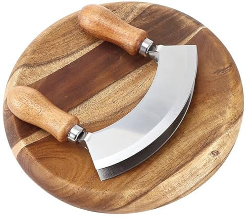 Uzztfa Hachoir À Salade avec Planche À Découper Ronde en Bois, Couteau Mezzaluna, Hachoir en Acier Inoxydable, Coupe-légumes, Hachoir À Oignons, Couteau À, Coupe-Pizza