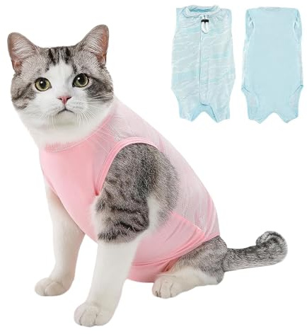 Ziyonix 2Pcs Body Post Operatorio Gatto, Recovery Suit Gatto, Tuta per Recupero Gatti, Impedire LeccareTuta per Degenza per Gatti Ideale per Ferite Addominali o Malattie, Rosa+Blu (L)