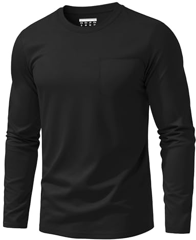 EKLENTSON Men Long Sleeve Tee Shirt Cotton Pocket Casual Shirts Breathable Lightweight Crew Neck Work Tops Black XXXL