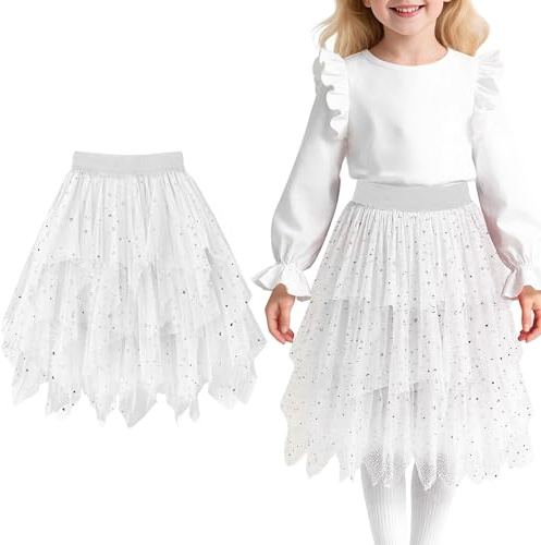 Baogaier Ragazze Gonna Tulle Tutu Elastica Elegante Paillettes Irregolare Sottogonna a Strati Plissettato Gonna Midi Prom Party Vestito Bambini Costume Carnevale Halloween, 6-7 Anni, Bianco