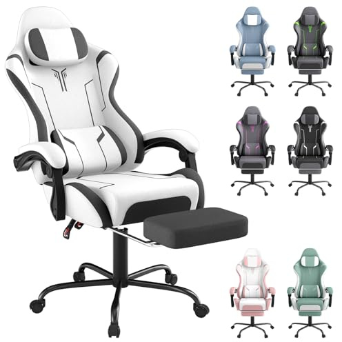 SAILUN Gaming Chair with Footrest & Massage, Ergonomic Computer Chair Reclining 90–155°, Adjustable Headrest & Lumbar Support, Padded Armrests, Gaming & Home Office Desk Chair, White