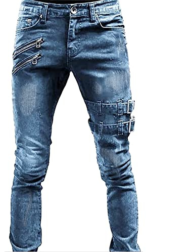 Generiska jeans för män slim fit: Denim byxor med fickor jeans enfärgade jeans Y2K tygbyxor andningsbara fritidsbyxor raka ben utomhusbyxor klassiska bekväma stretchjeans för män, blå, L