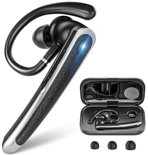 Sisism Bluetooth Headset, Wireless Bluetooth Earpiece with LED Display Charging Case, V5.3 Hands Free Noise Canceling Headphones with Dual-Mic for Computer/Laptop/Cell Phones/Home/Office/Trucker