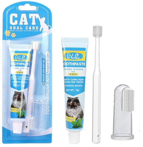 Henjunu Pasta de dientes para gatos con cepillo de dientes y cepillo de dientes para perros y gatos, elimina la placa y el sarro, aliento fresco y bueno para los dientes