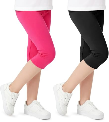Domueay Leggings Ragazza 3/4 in Cotone Pantaloni Bambina Morbidi Traspirante Capri Estivi Legging Pacco da 2 Sport Ginnastica Casual Tinta Unita Abbigliamento 6-7 Anni, Nero Magenta