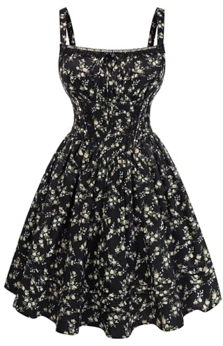 Scarlet Darkness Vestito da donna estivo, con stampa floreale, mini, a corsetto, per la spiaggia, da party, senza maniche, con spalline sottili, a linea, prendisole, Nero giallo, S