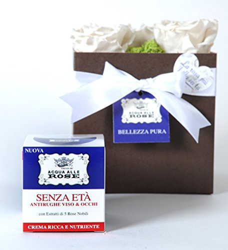 Box 5 Rose Vere Stabilizzate Bianche + Acqua alle Rose, Crema Antirughe Viso e Occhi 50 ml