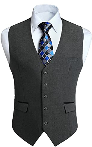HISDERN Dark Grey Väst för Män Elegant Affär Västs Classic Plain Colour Elegant Bröllop Fest Tuxedo Suit Vest med Fickor Normal Passform XXL