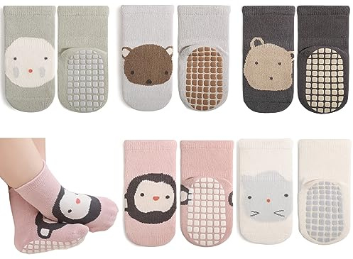 Exemaba Baby Anti Slip Socks 5 Pairs Toddler Cute Animal Crew Slipper Socks for Boys Girls(Pink Monkey,M/1-3Y)