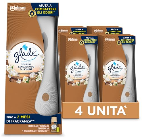 Glade Automatic Spray, Profumatore per Ambienti, Fragranza Gelsomino e Sandalo di Bali, 4 Diffusori e 4 Ricariche 269 ml, 8 Pile AA