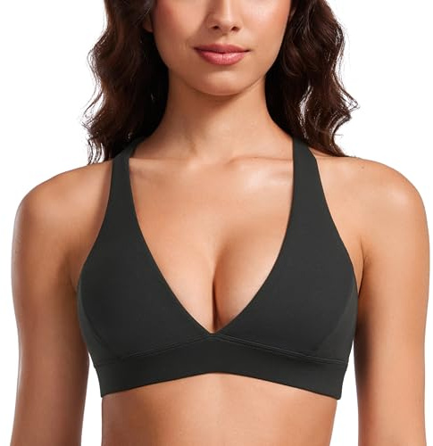 CRZ YOGA Butterluxe Deep V-Neck Sports Bras for Women - Spaghetti Strap Criss Cross Padded Top Low Coverage Wireless Yoga Black Medium