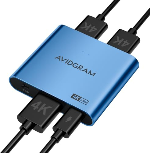 AVIDGRAM Répartiteur HDMI 1 entrée 2 sorties 4K 2 ports HDMI avec mode automatique, copie et fixe pour double affichage identique, compatible avec Xbox, PS4 Pro, PS5 (bleu)