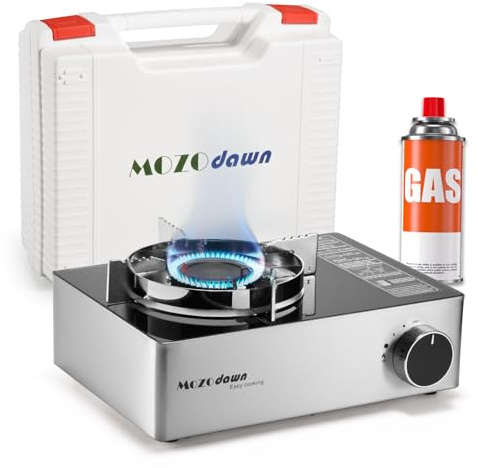 MOZODAWN Portable Gas Stove with Case, 12000 BTU Butane Stove with Wind Guard, Single Burner Camp Stove for Home Kitchen, Camping, Picnics, Hiking, Fuel Not Included