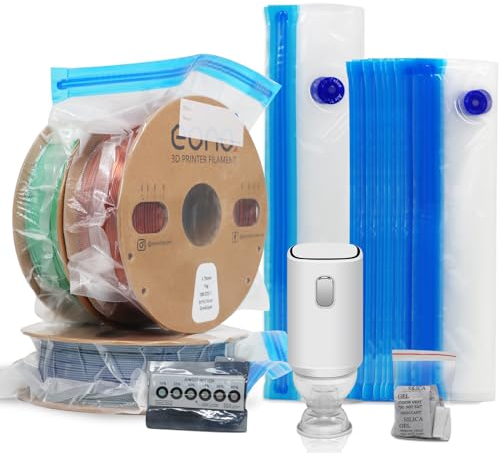 3D Printer Filament Storage Bags Vacuum Kit, Cleaning Drying Sealed 16 Bags with Two Sizes for 3D Printer Filament with Automatic Pumps/Desiccants/Humidity Indicator Cards/Clips