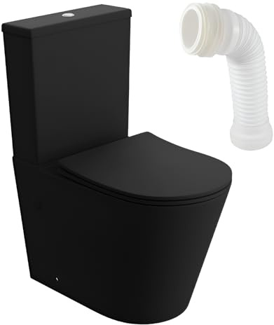 LAVITA WC a pavimento monopezzo con cassetta di scarico incorporata, colore: nero, coperchio con abbassamento automatico, in ceramica, senza bordi, ciotola per WC, set di copriwater in piedi +