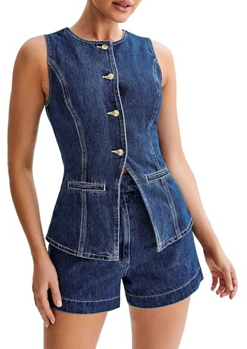 LSFYSZD Denim Vest for Women Casual Crew Neck Button Down Tank Tops Sleeveless Slim Fitted Jeans Gilet Jackets Waistcoat (A Blue, M)