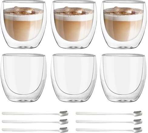 Vasos de Doble Pared para Café, Capuchino y Latte Macchiato - 6 Piezas Tazas de Cristal Borosilicato 80ml Con Cucharillas