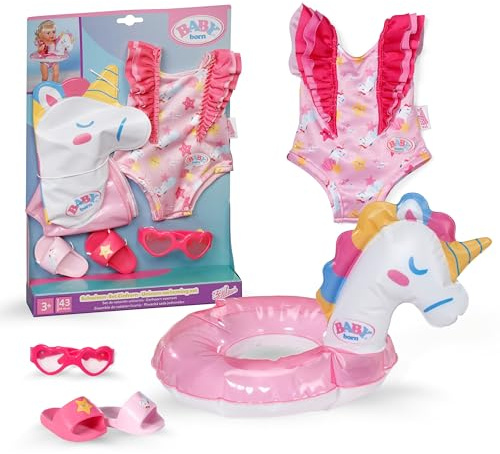 BABY born Set da bagno Unicorno - Abbigliamento per bambole incl. salvagente, costume da bagno e occhiali da sole - Per bambole da 43 cm - Accessori di alta qualità per bambole