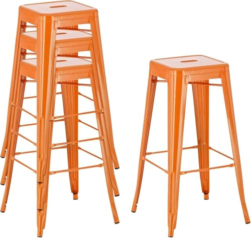 HOM4NISH Metal Bar Stool with Footrest - Set of 2, 4 - Backless, Armless, Square Seat, Counter Height, Stackable Bar Chair (2, Orange, 42 x 42 x 76 cm)