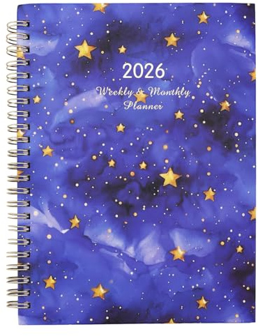 2026 Kalender, Dubbelbindande Kalenderplanerare Veckovis och Månadsvis Agenda 2026 Januari till December med Månadsflikar Stjärnhimmel Mönsterkalender för Skolkontoret
