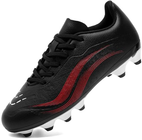 GOGOUP Boys Football Boots Kids Girls Firm Ground Cleats Soccer Shoes Athletics Training Sport Shoes Teenager Profession Competition Futsal Shoes Indoor Outdoor Sneakers Black Red UK4