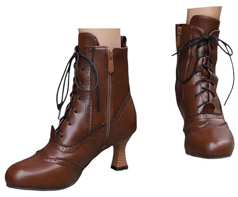 Xbemkste Stivaletti da donna vittoriani con tacco vintage alla caviglia stivali in pizzo e cavaliere, stivali medievali, stivali corti con lacci, eleganti alla caviglia, marrone, 37.5 EU