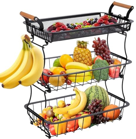Birtern frukthållare | Fruktstativ för köksbänk 3 nivåer, metalltrådbehållare med bananhängare för mellanmålsproduktion kökstillbehör bänk bondgård