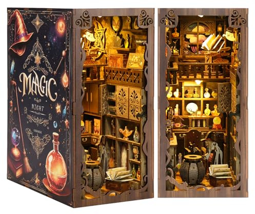 Nextyu Magic Night Book Nook Kit, DIY Wooden Bookshelf Insert with Light | 3D Puzzle Miniature House Building Kit, Relaxing Craft for Adults & Teens, Perfect as a Shelf Decor or Gift for Book Lovers