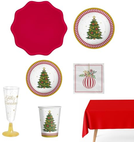 OH YEAH - Kit Vajilla Navidad 12 Personas Abeto - 90 Piezas - Platos, Vasos, y Servilletas Desechables - Temática Navideña - Cenas Navideñas, Reuniones Familiares y Fiestas de Fin de Año