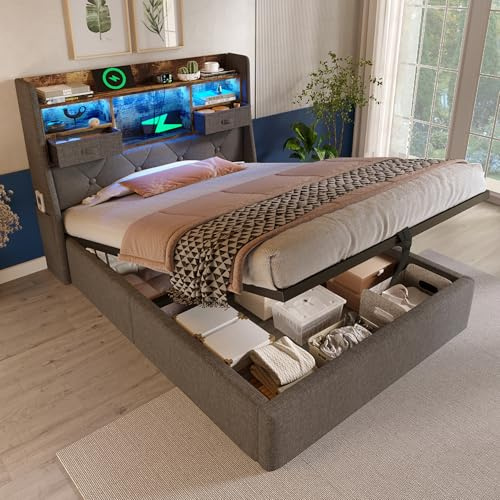 LAKFEW Camas Juveniles Cama 90x200 cm con USB y LED, Cama 90 Cama Individual con Cabecero Almacenaje y Almacenamiento Hidráulico, Camas Infantiles Tapizada, Lino, Gris, Sin Colchon