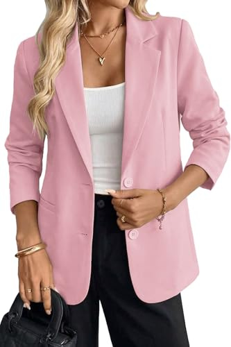 ELLEVEN Business Casual Blazer for Women, Long Sleeve Boyfriend Fit Loose Fit Work Office Suit Jacket Work Lapel Collar Open Front Blazer Suit with Pockets Light Pink X-Large