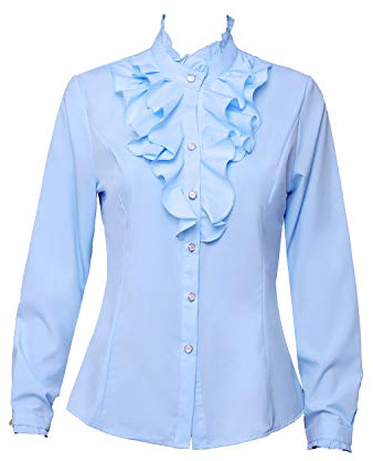 Yiluweinir Women Party Shirts Stand-Up Collar Vintage Victoria Shirts Ruffle Formal Office Blouse Working Tops M Blue