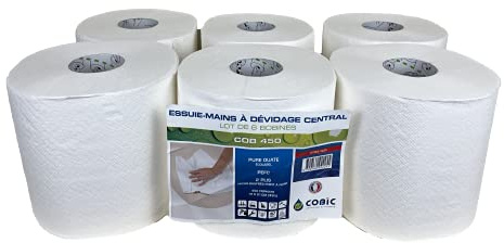 Bobine d'essuie-mains blanche pure ouate de cellulose très résistante avec grande capacité d'absorption 450 feuilles - paquet de 6