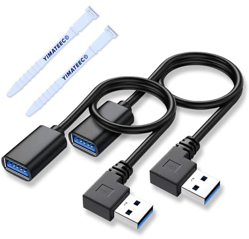 YIMATEECO Alargador USB 3.0 Extension Cable U-SB Macho Hembra, 90 Grados ángulo izquierdo de Datos USB Cable para Disco Duro, Unidad Flash U-SB (30cm, 2 Unidades, Negro)