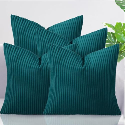 AMEHA Soft Stripe Forest Teal Velvet Cushion Covers 45 x 45 cm Set of 4 Pcs with Invisible Zipper Decorative Square Throw Pillowcases for Bedroom, Sofa (18x18 inch Stripe Cushions)