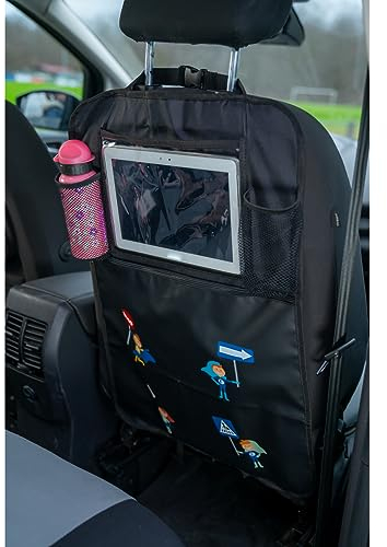 cartrend Rücklehnenschutz HERO,​ für Autositz, abwischbar und leicht zu reinigen, einfache Montage, mit Steckschnallen und Haken, Organizer, 2 Fächer & 2 Getränkehalter, schwarz