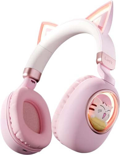 VIGROS Cat Ear Headset, Kids Headphone Volume Limited 85dB, Wireless Bluetooth Over-Ear Foldable Headphone with Built-in Mic for Girls in Travel School with Phone Pad Tablet Laptop PC PS4, Xbox