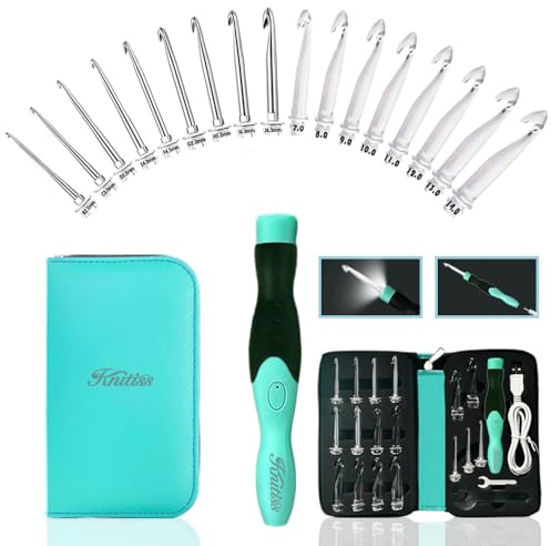 Knitiss 17 Sizes Lighted Crochet Hooks Set 2.5mm~14.0mm, Rechargeable Crochet Hook with Interchangeable Crochet Head