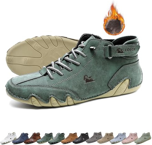 Bottes hautes unisexes en cuir souple faites à main,Chaussures Beck Antidérapant Poids léger Respirant Bottes Chukka Baskets for conduite et randonnée Chaussures pieds nus(Color:Green+Velvet,Size:43 E